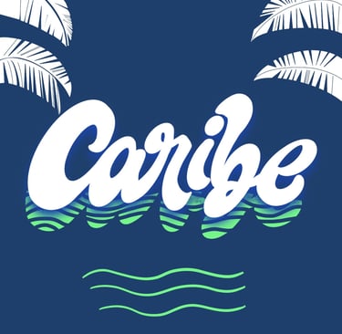 Lettering del Caribe inspirado en ilustracion tropical, colorida, alegre y con movimiento.