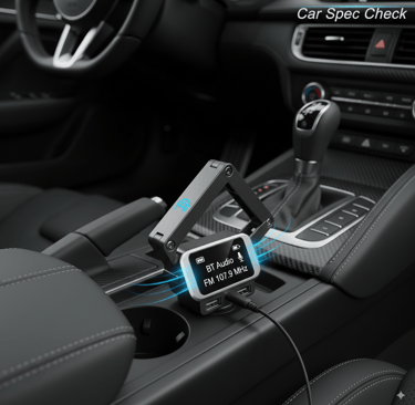 Alt-text: A VicTsing Bluetooth FM transmitter with a foldable design, displaying "BT Audio" and "FM 