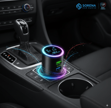 Alt-text: A compact, cylindrical IMDEN Bluetooth 5.0 FM Transmitter plugged into a car's cup holder 