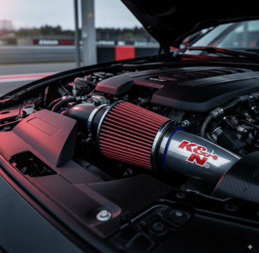 K&N high-flow air filter and intake system installed in a modern car engine bay, showcasing the icon