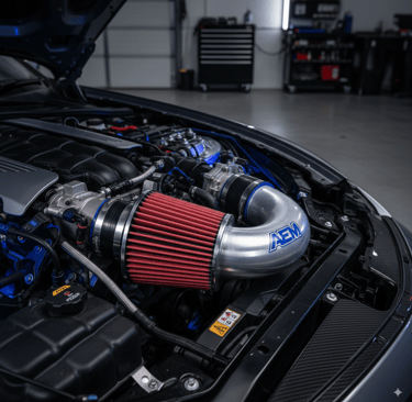 AEM Dryflow air filter with red conical shape and silver intake pipe installed in a high-performance