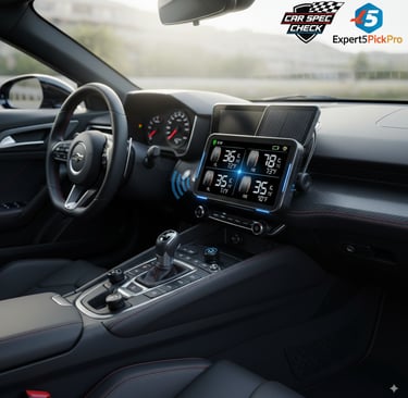Alt-text: A sleek Tyroxnic Tire Pressure Monitoring System display mounted on a modern car's dashboa