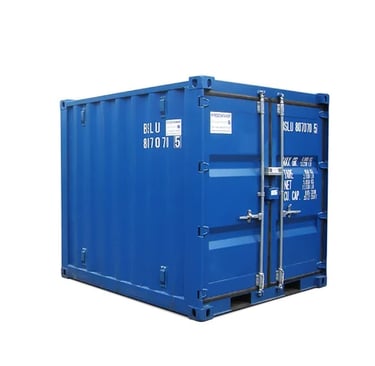 A small blue steel shipping container for secure storage and logistics transport on a white background.