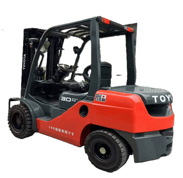 Orange and grey Toyota 30 industrial forklift truck designed for heavy material handling in warehouses.