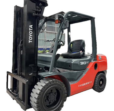 A red and black Toyota 30 SAS industrial forklift parked against a black background for warehouse material handling.