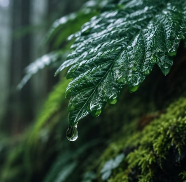 Close-up of a green fern leaf with fresh rain droplets in a lush misty forest setting.