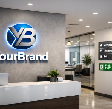 Modern office interior featuring innovative indoor signage solutions that enhance workplace ambience