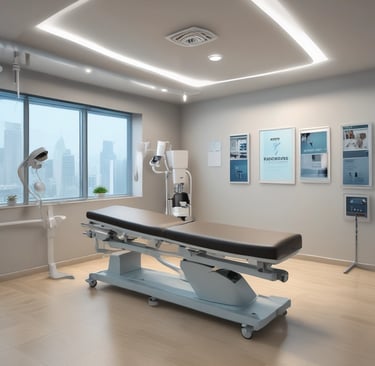 a medical examination room with a table and a table