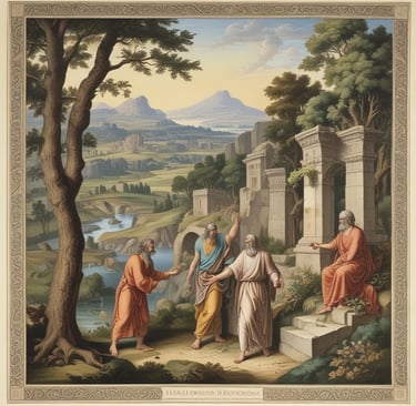 A classical stone statue of a male figure with an upward gaze, draped in a toga-like garment with intricate detailing. The figure's right arm is raised, and the left hand holds a cylindrical object. The statue is set against a softly lit sky backdrop.