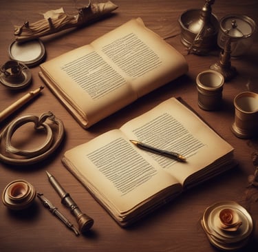 A cozy writing desk surrounded by fantasy books and a glowing lamp.