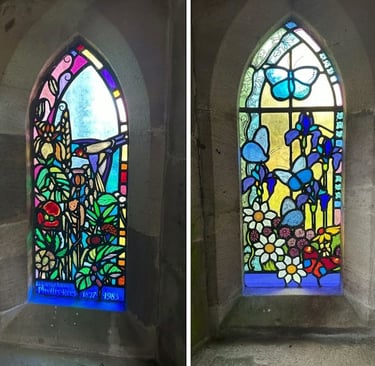 Stained glass windows by Anna Bessantin Eglwys Oen Duw, Beulah