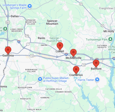 Service area, Gastonia, Belmont, Cramerton, Lowell, and McAdenville
