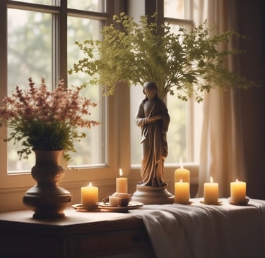 A beautifully restored statue of a saint surrounded by soft lighting.