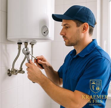a man in a blue shirt is fixing a tankless water heater
