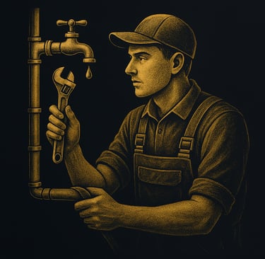 a man in a cap and overalls holding a wrenet