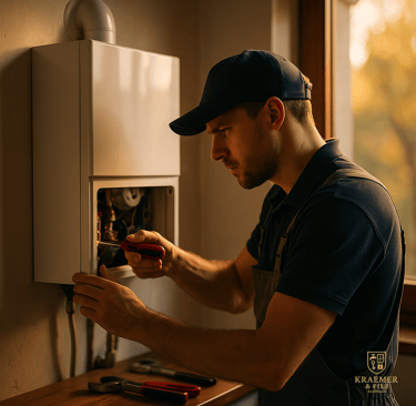 a man in a cap hat is fixing a hot water heater