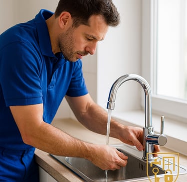a man in a blue shirt is holding a faucet