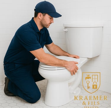 a man in a blue shirt and a hat is fixing a toilet