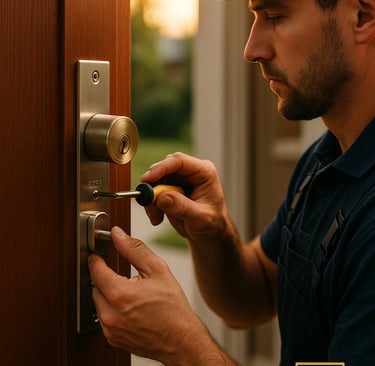 a man in a cap and a hat is holding a key lock on a door