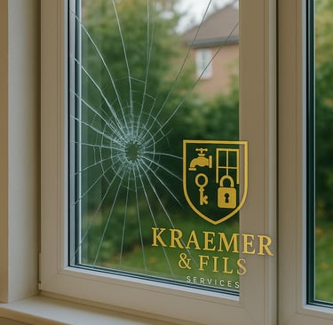 a broken glass window with a shield on it