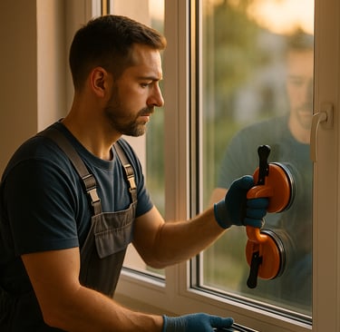 a man in a blue shirt is holding a pair of gloves and a pair of