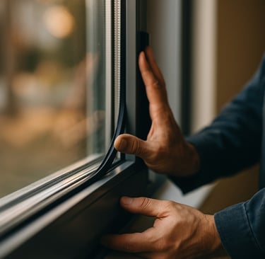 a person holding a piece of cloth over a window