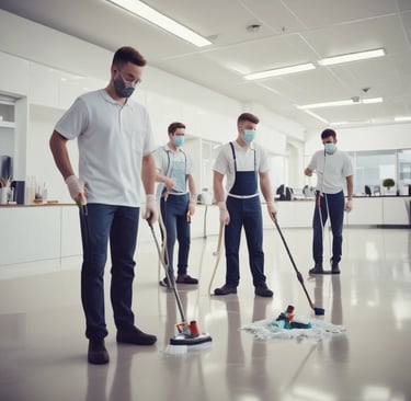 A group of people inside a room engage in cleaning or maintenance activities. One person sweeps the floor with a broom while others stand and observe, smiling or gesturing. The room has wooden structures and a child rests on a bed nearby.