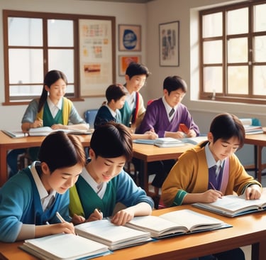 A cheerful classroom setting with students learning Japanese.