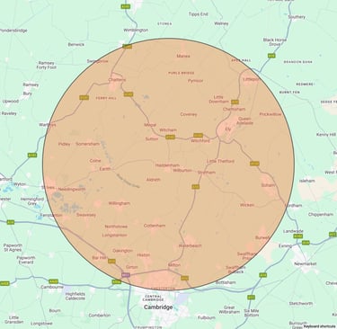Map with a 10 mile radius shaded around Ely & Haddenham showing our free firewood delivery area
