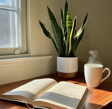 Image of book, plant and steaming coffee cup on desk