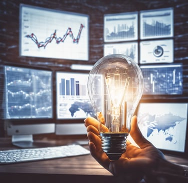 light bulb with computers and graphs in background representing marketing insights