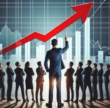 Marketing team leader pointing to charts showing high performance