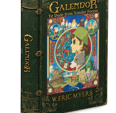 Antique green leather book cover for Galendor: Ye Dude from Yonder Forest. Art Nouveau style.