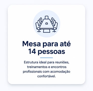 Mesa para até 14 pessoas em sala de reunião