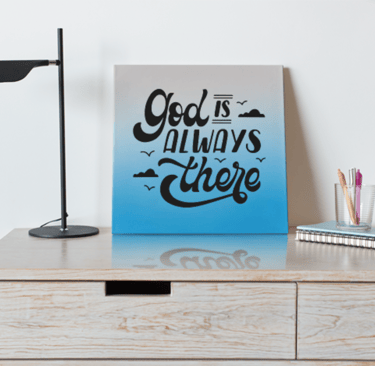 "Downloadable faith quote graphic that says 'God is always there' with birds and clouds on a blue gr