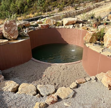 AquaVitae proprietary build—custom walls, pebble floor & limestone boulder rim in a natural pool
