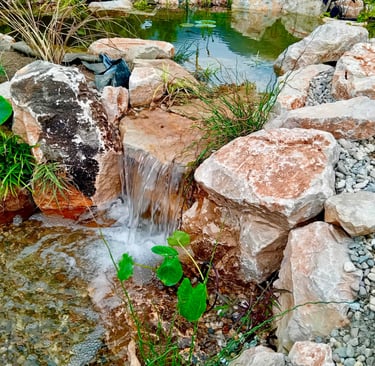 Upflow wetland filtration with limestone waterfall spilling into stream | Aqua Vitae natural pool