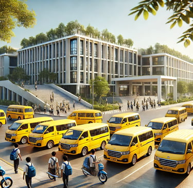 a big school and many school vans are parked in front the school