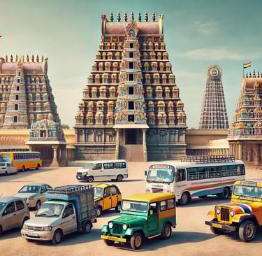 some vechicles including car, van , jeep are parked in front of a temple