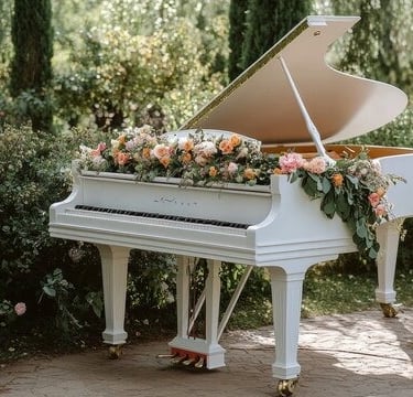 Nuestro elegante piano de cola blanco perla, importado de Inglaterra