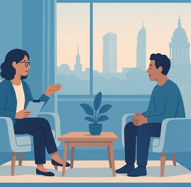 Flat-style illustration of a therapist and client talking in a calm counselling room, with the Leeds