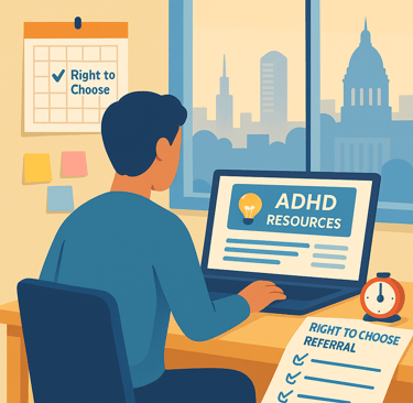 illustration of a person at a desk viewing ‘ADHD Resources’ on a laptop, with a ‘Right to Choose