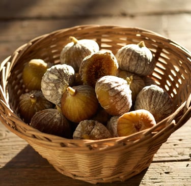 Cesta de mimbre con higos secos variedad Cuello de Dama con su característica capa blanca de harina y azúcar natural 