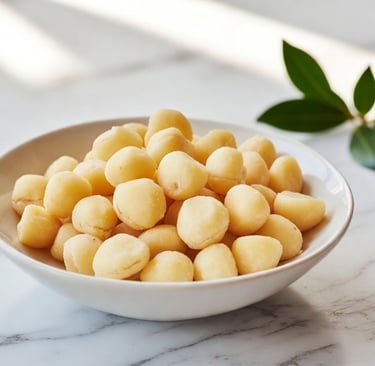 Bol de cerámica con nueces de macadamia redondas y color crema sobre una superficie de mármol - Raw Rico