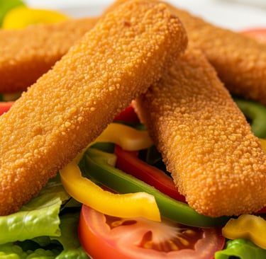 Palitos de pescado veganos, dorados y crujientes, servidos sobre una ensalada fresca con lechuga