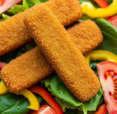 Primer plano de varios palitos de tofu empanizados estilo pescado