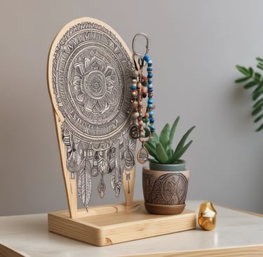 A large decorative wooden panel with intricate white mandala patterns rests on two stools. The backdrop consists of a modern interior with bright yellow walls, black grid panels, and several potted plants. Two hanging light bulbs can be seen above the panel.