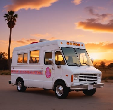 An ice cream truck parked on the side of a street next to a stop sign. The truck is white and light blue, with 'Peter Coop’s Scoops' written on its side. It is surrounded by trees and buildings, and there is a protective blue barrier with 'good neighbors' branding in front of it.