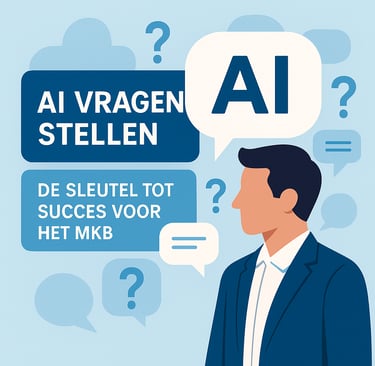 MKB-ondernemer met laptop stelt AI vragen, omringd door chatbubbels en AI-symbolen.