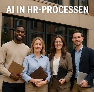 HR-team voor kantoorgebouw met tekst “AI IN HR-PROCESSEN” erboven